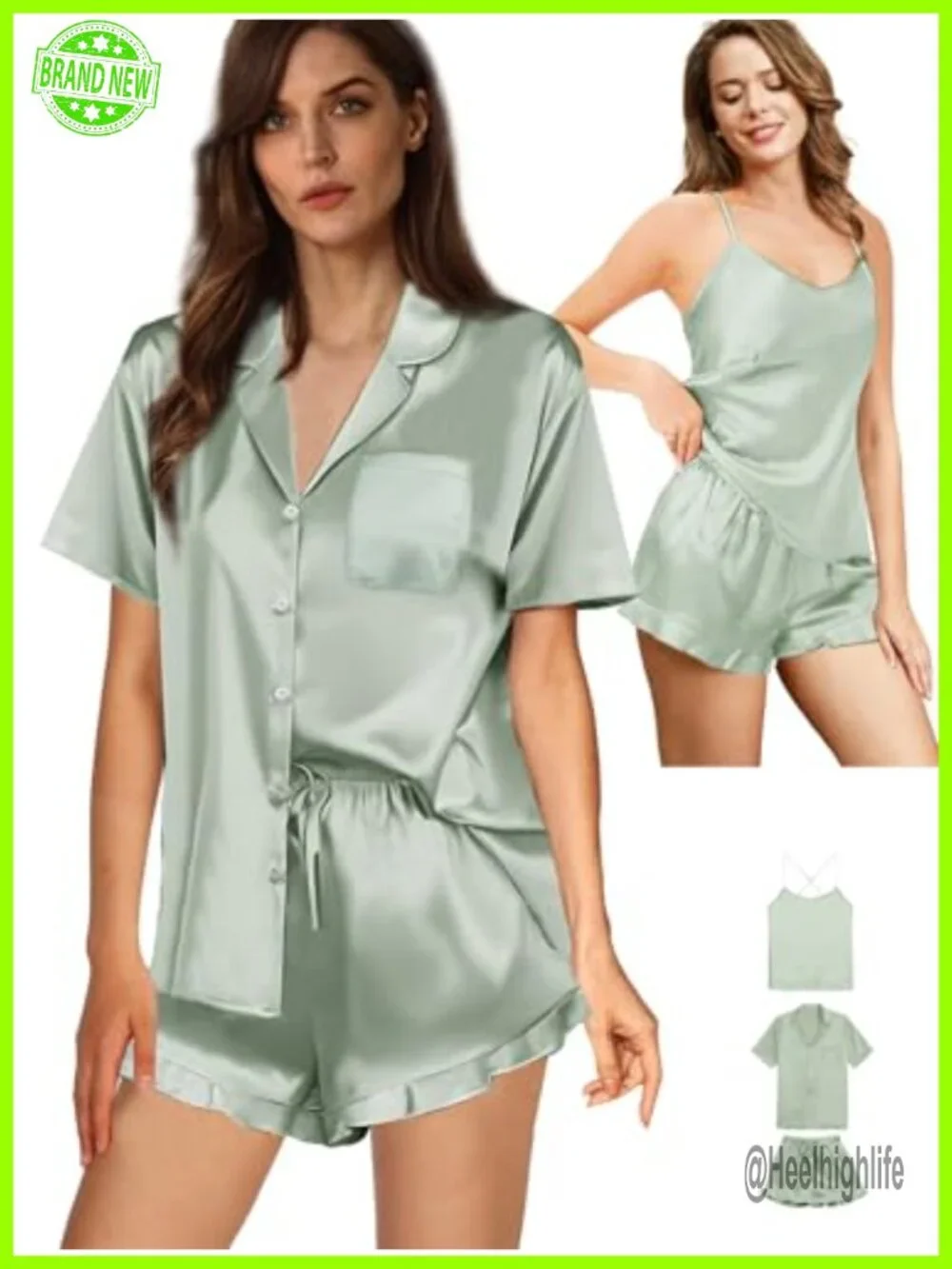 Womens 3Pcs Satin Pajamas Set Ruffle Camisole Sleepwear Pj Sets